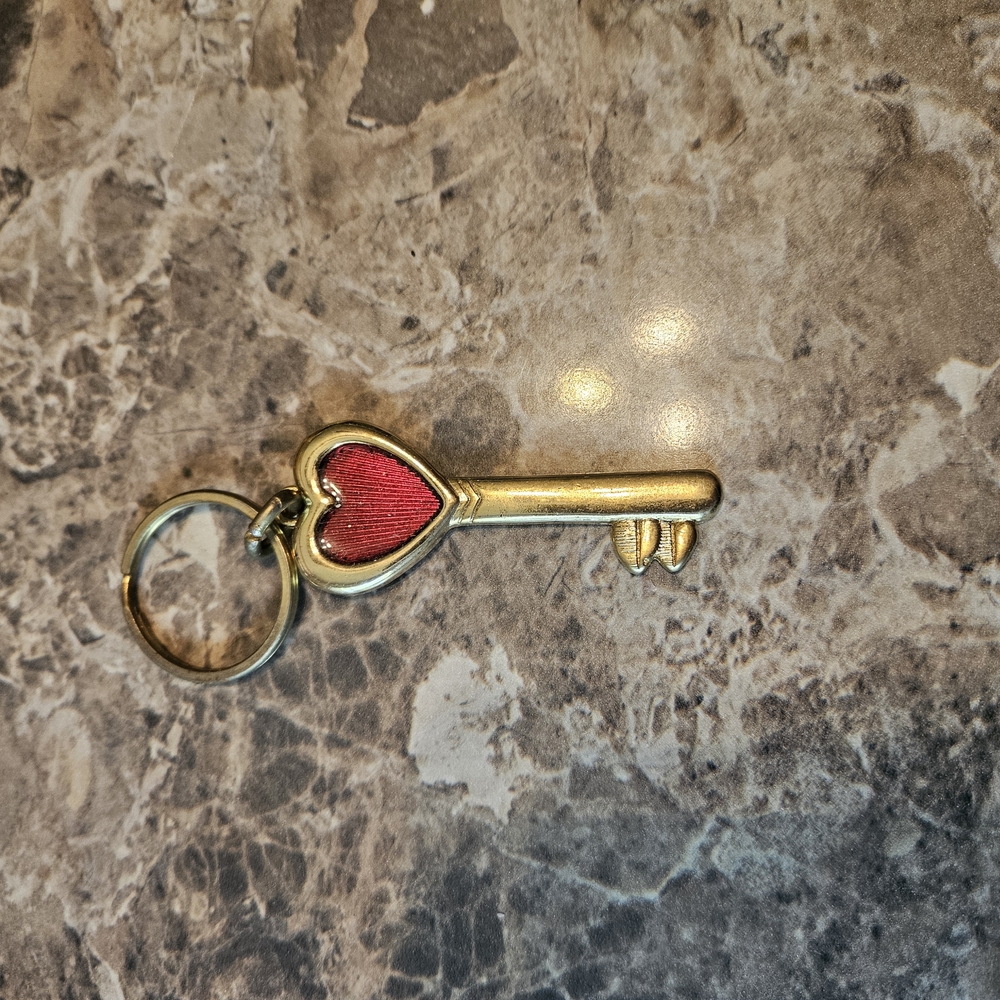 Vintage Heart Key Keychain with Red Accent